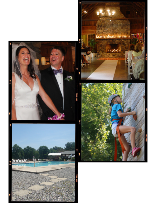 Image of collage of pictures showing wedding couple, wedding facility, pool and child wall climbing